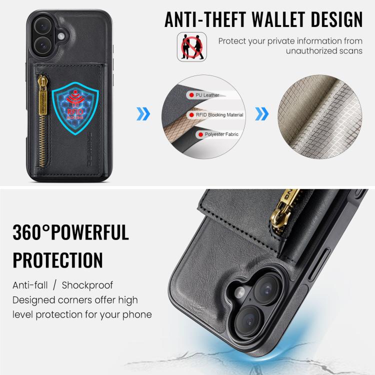 For iPhone 17 DG.MING M5 Series Zip RFID Multi Card Detachable Leather Phone Case(Black) by DG.MING