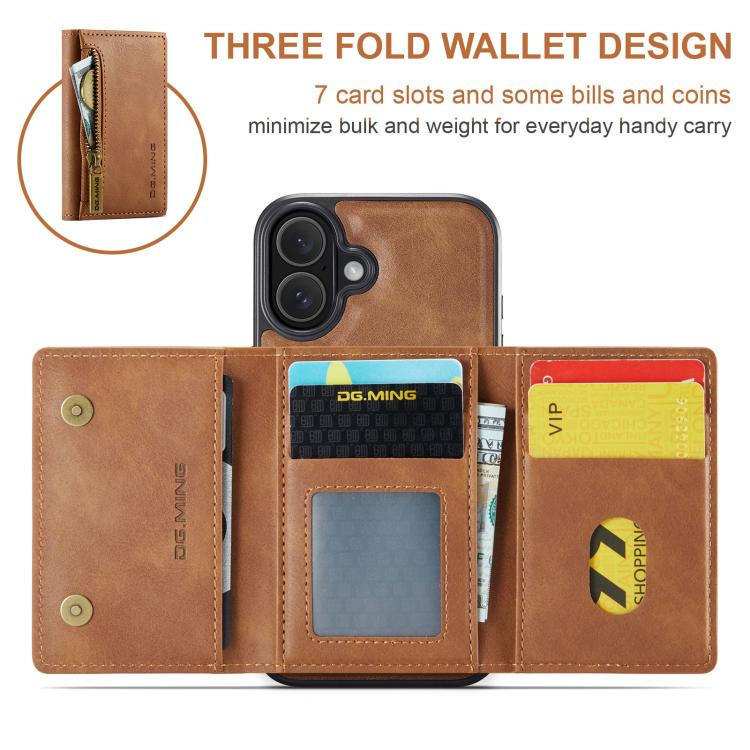 For iPhone 17 DG.MING M5 Series Zip RFID Multi Card Detachable Leather Phone Case(Brown) by DG.MING
