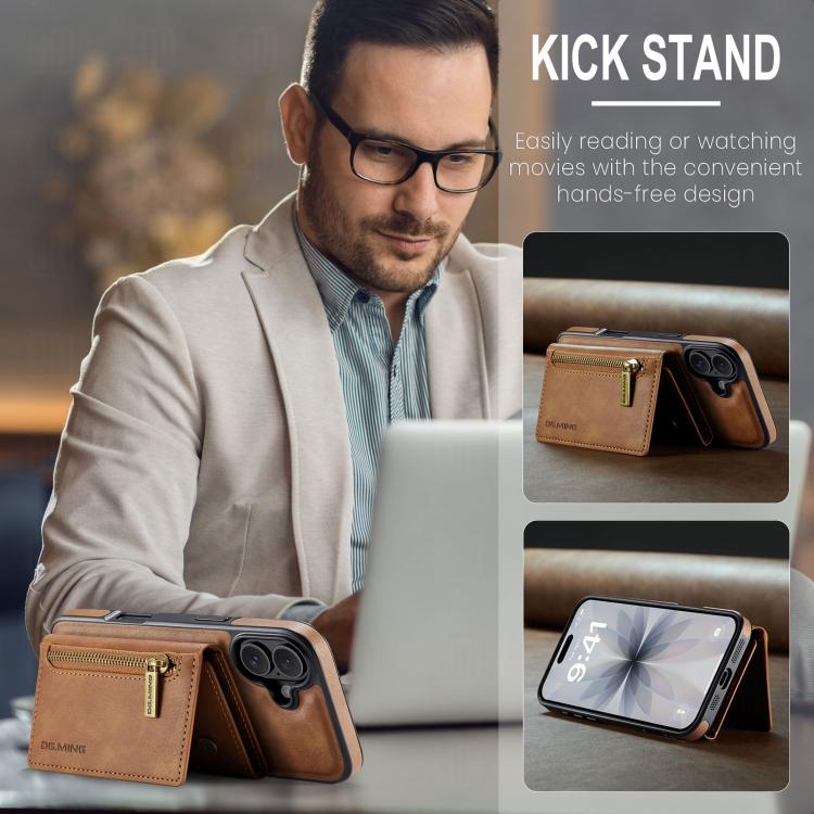 For iPhone 17 DG.MING M5 Series Zip RFID Multi Card Detachable Leather Phone Case(Brown) by DG.MING