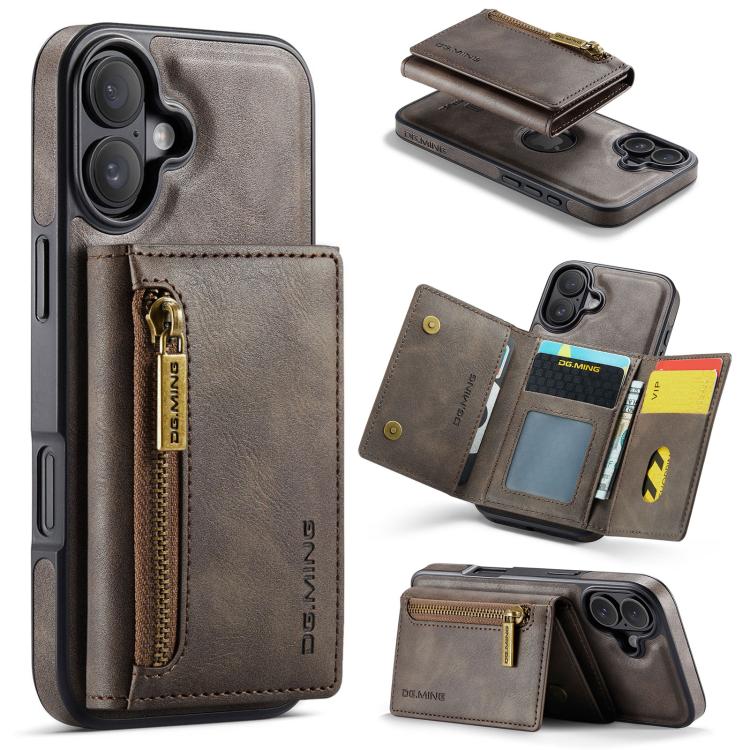 For iPhone 17 DG.MING M5 Series Zip RFID Multi Card Detachable Leather Phone Case(Coffee) by DG.MING