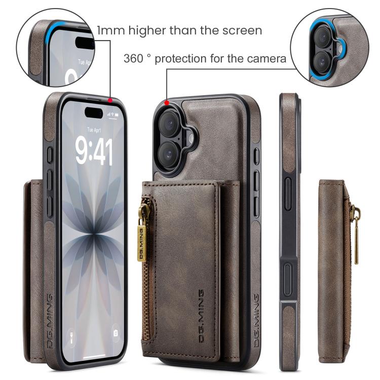 For iPhone 17 DG.MING M5 Series Zip RFID Multi Card Detachable Leather Phone Case(Coffee) by DG.MING