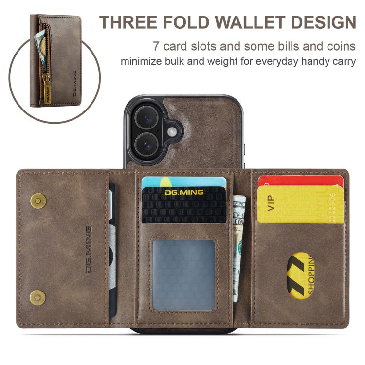 For iPhone 17 DG.MING M5 Series Zip RFID Multi Card Detachable Leather Phone Case(Coffee) by DG.MING
