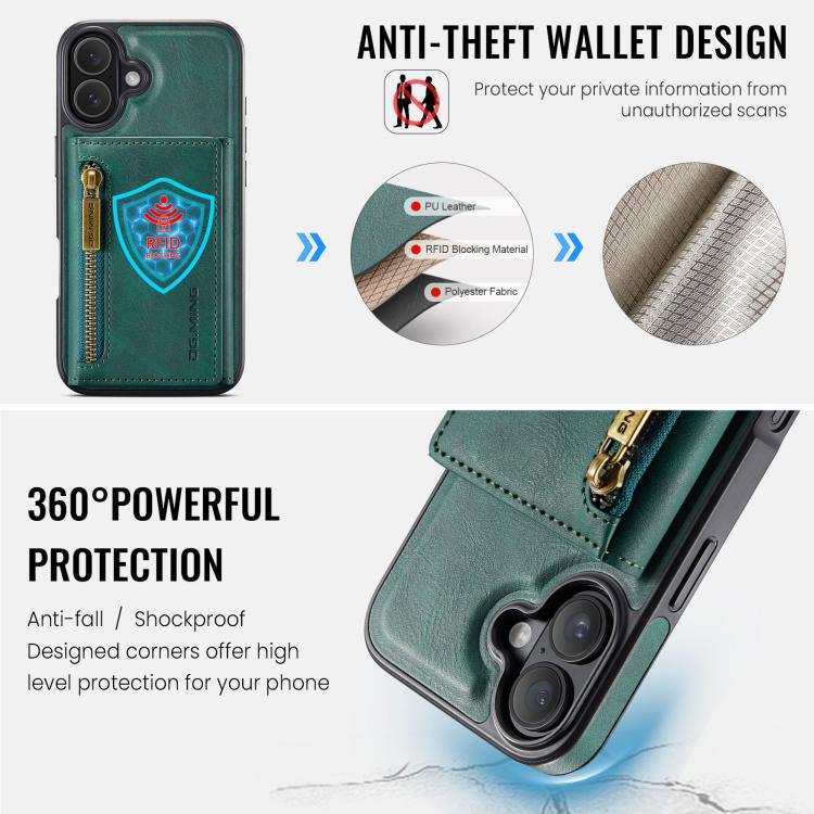 For iPhone 17 DG.MING M5 Series Zip RFID Multi Card Detachable Leather Phone Case(Green) by DG.MING
