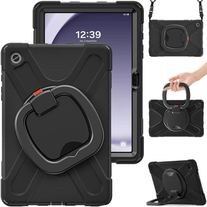 For Samsung Galaxy Tab A9+/Tab A11+ Silicone Hybrid PC Tablet Case with Holder & Shoulder Strap(Black + Black) by bashfashion