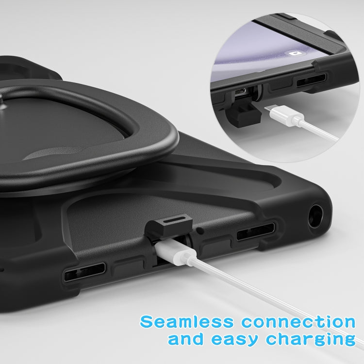 For Samsung Galaxy Tab A9+/Tab A11+ Silicone Hybrid PC Tablet Case with Holder & Shoulder Strap(Black + Black) by bashfashion