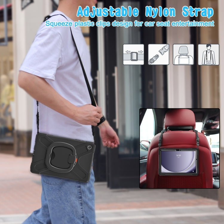 For Samsung Galaxy Tab A9+/Tab A11+ Silicone Hybrid PC Tablet Case with Holder & Shoulder Strap(Black + Black) by bashfashion