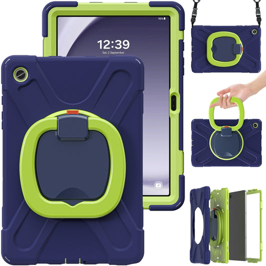 For Samsung Galaxy Tab A9+/Tab A11+ Silicone Hybrid PC Tablet Case with Holder & Shoulder Strap(Navy Blue + Lime) by bashfashion