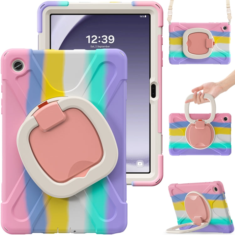 For Samsung Galaxy Tab A9+/Tab A11+ Silicone Hybrid PC Tablet Case with Holder & Shoulder Strap(Colorful Pink) by bashfashion