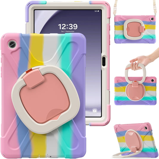 For Samsung Galaxy Tab A9+/Tab A11+ Silicone Hybrid PC Tablet Case with Holder & Shoulder Strap(Colorful Pink) by bashfashion