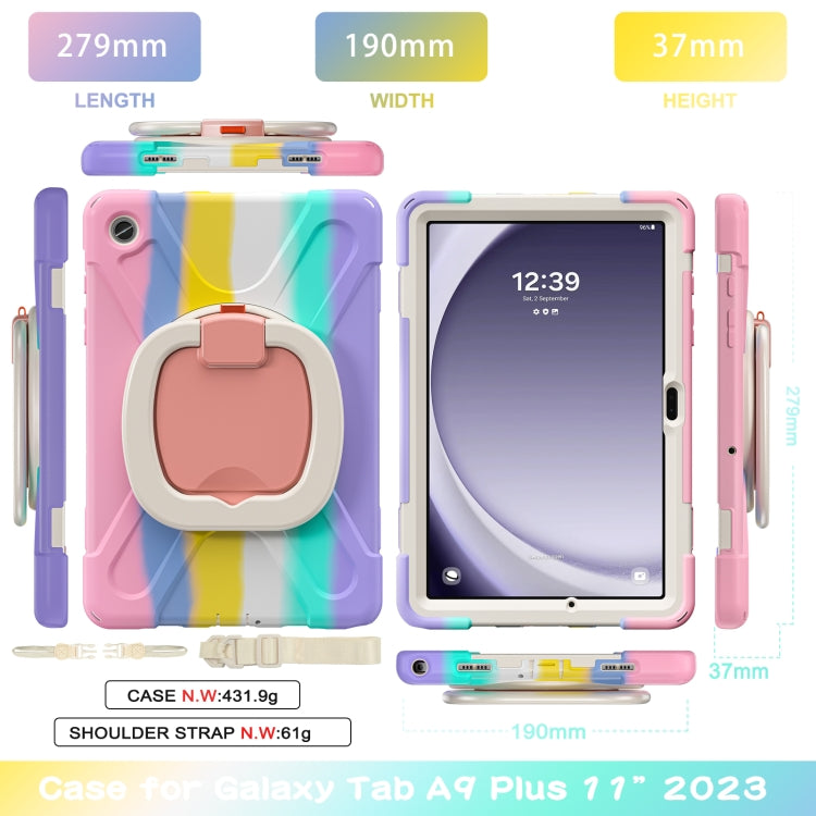 For Samsung Galaxy Tab A9+/Tab A11+ Silicone Hybrid PC Tablet Case with Holder & Shoulder Strap(Colorful Pink) by bashfashion