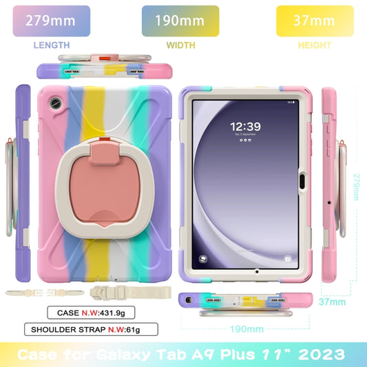 For Samsung Galaxy Tab A9+/Tab A11+ Silicone Hybrid PC Tablet Case with Holder & Shoulder Strap(Colorful Pink) by bashfashion