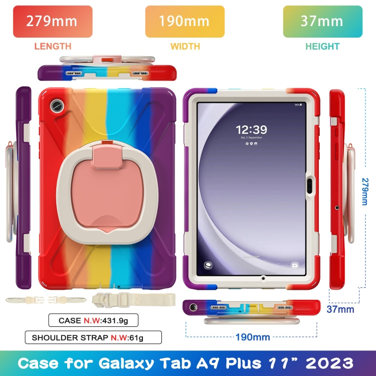 For Samsung Galaxy Tab A9+/Tab A11+ Silicone Hybrid PC Tablet Case with Holder & Shoulder Strap(Colorful Red) by bashfashion