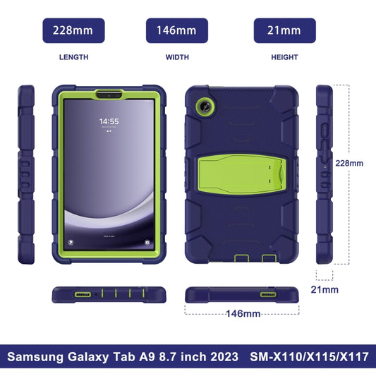 For Samsung Galaxy Tab A9 / Tab A11 3-Layer Protection Screen Frame + PC + Silicone Shockproof Combination Tablet Case with Holder(NavyBlue+Lime) by bashfashion