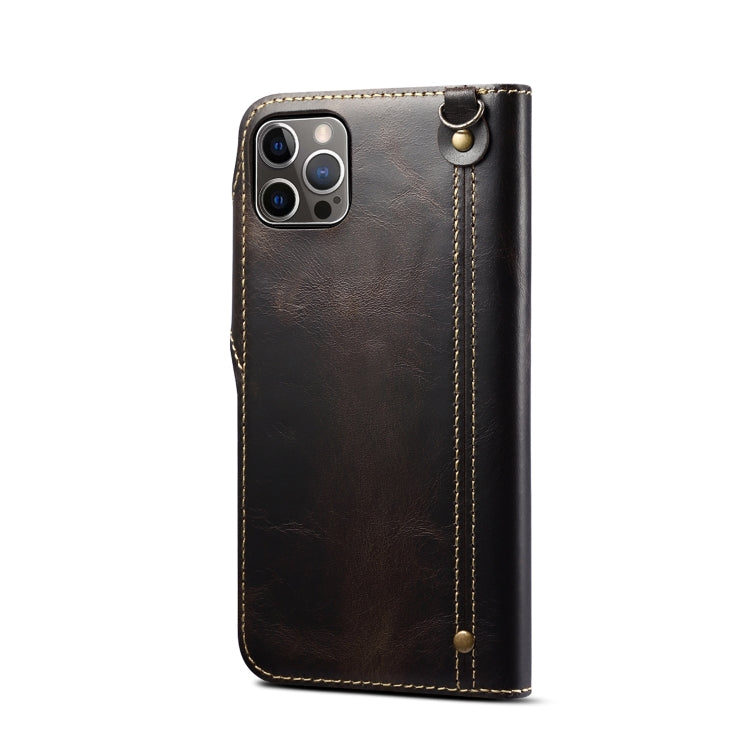 For iPhone 15 Pro Max Denior Oil Wax Cowhide Magnetic Button Genuine Leather Case(Black) by Denior