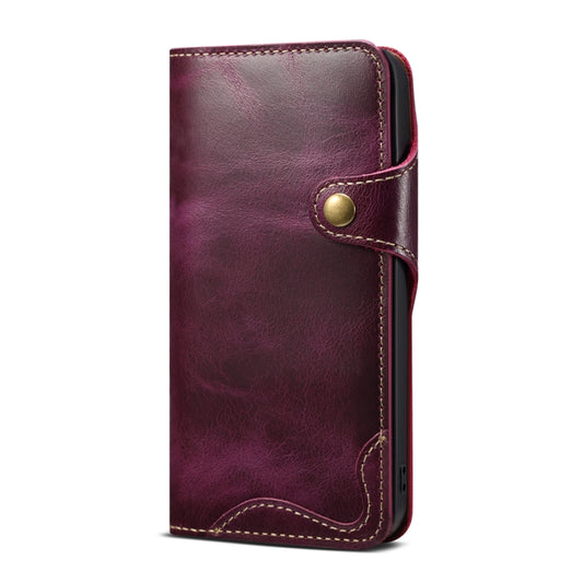 For iPhone 15 Pro Denior Oil Wax Cowhide Magnetic Button Genuine Leather Case(Purple) by Denior