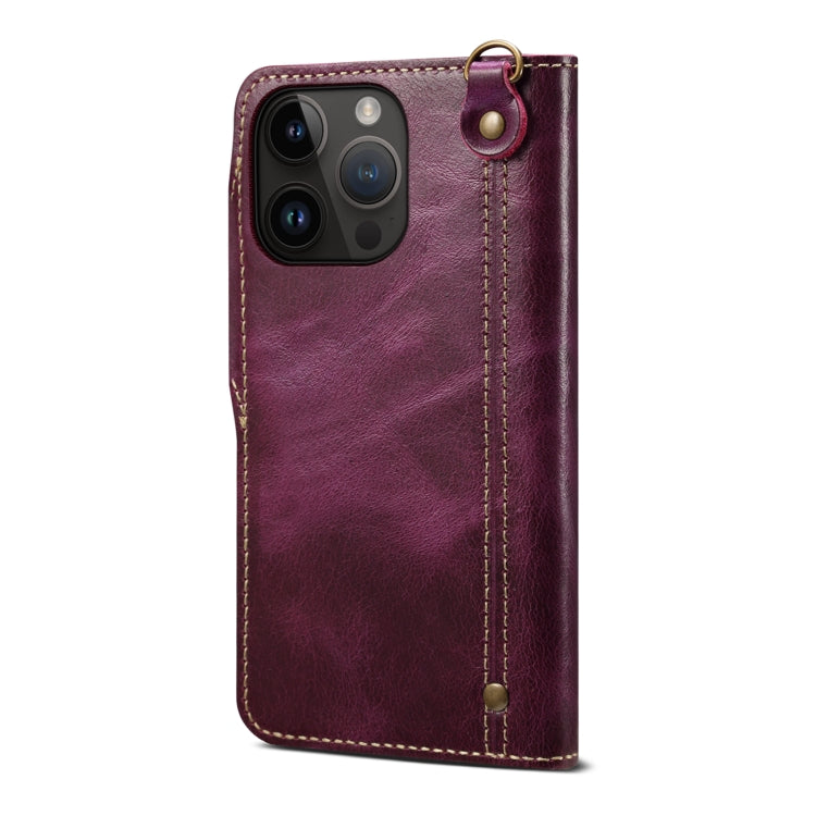 For iPhone 15 Pro Denior Oil Wax Cowhide Magnetic Button Genuine Leather Case(Purple) by Denior