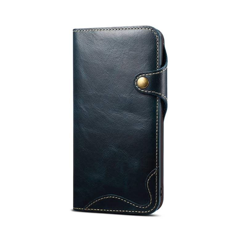 For iPhone 15 Plus Denior Oil Wax Cowhide Magnetic Button Genuine Leather Case(Dark Blue) by Denior