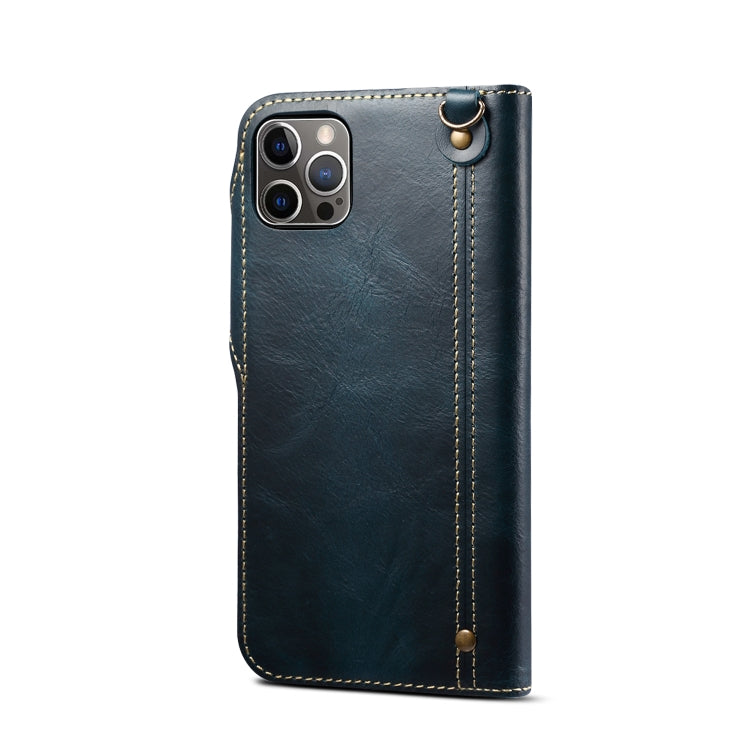 For iPhone 15 Plus Denior Oil Wax Cowhide Magnetic Button Genuine Leather Case(Dark Blue) by Denior