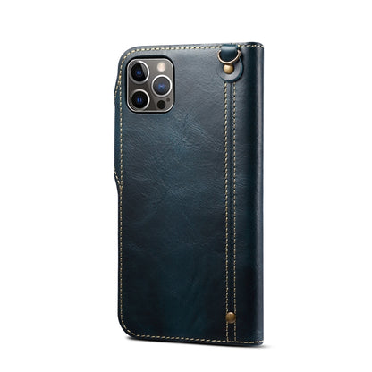 For iPhone 15 Plus Denior Oil Wax Cowhide Magnetic Button Genuine Leather Case(Dark Blue) by Denior