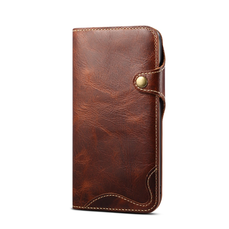 For iPhone 15 Denior Oil Wax Cowhide Magnetic Button Genuine Leather Case(Brown) by Denior