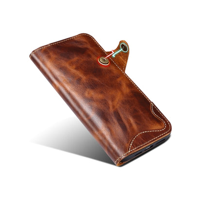 For iPhone 15 Denior Oil Wax Cowhide Magnetic Button Genuine Leather Case(Brown) by Denior