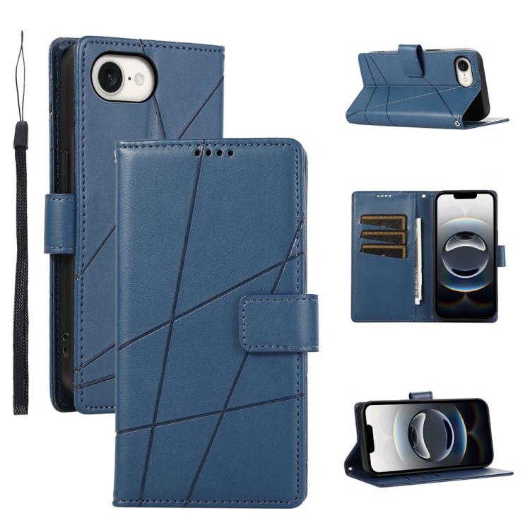 For iPhone 16e PU Genuine Leather Texture Embossed Line Phone Case(Blue) by bashfashion