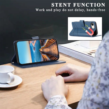 For iPhone 16e PU Genuine Leather Texture Embossed Line Phone Case(Blue) by bashfashion