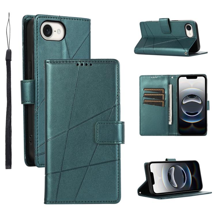 For iPhone 16e PU Genuine Leather Texture Embossed Line Phone Case(Green) by bashfashion