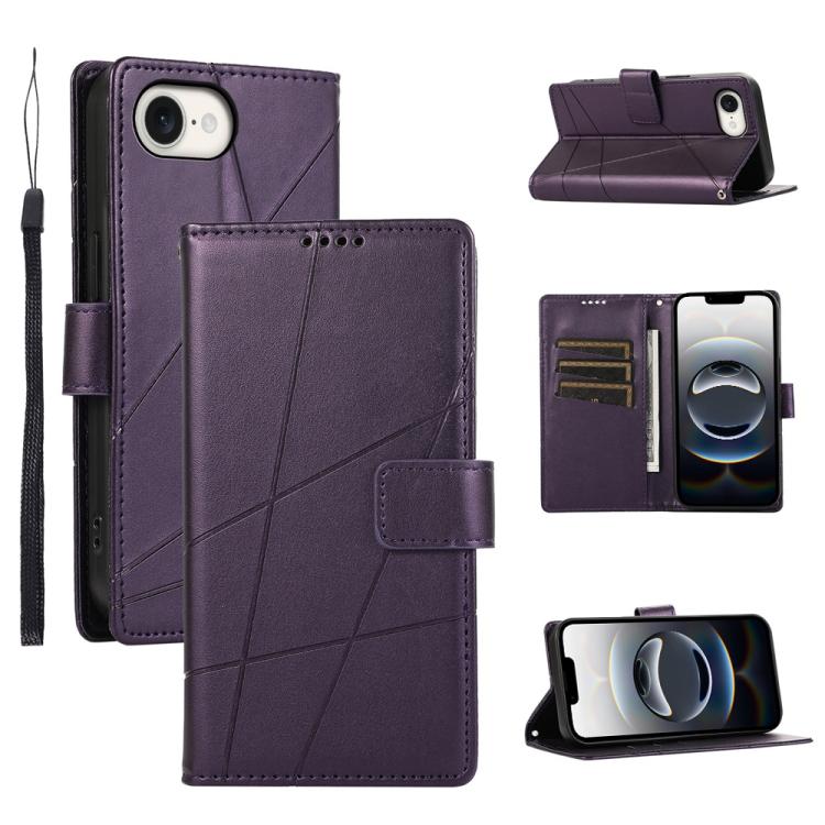 For iPhone 16e PU Genuine Leather Texture Embossed Line Phone Case(Purple) by bashfashion