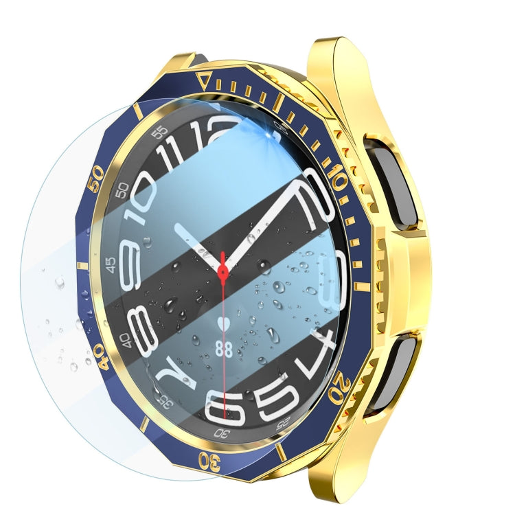 For Samsung Galaxy Watch6 Classic 47mm R960 Electroplate PC Case + Tempered Film + Watch Bezel Ring Set(Blue+Gold) by bashfashion