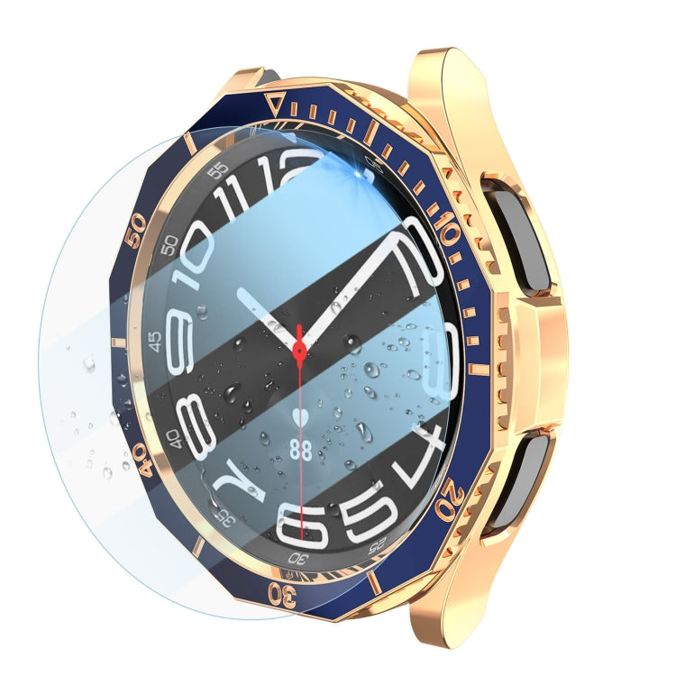 For Samsung Galaxy Watch6 Classic 47mm R960 Electroplate PC Case + Tempered Film + Watch Bezel Ring Set(Blue+Rose Gold) by bashfashion