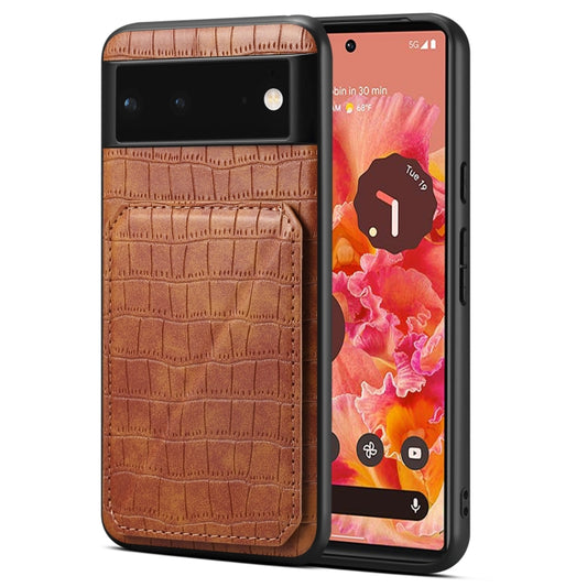 For Google Pixel 6 Denior Crocodile Texture Holder Electroplating Phone Case(Brown) by Denior