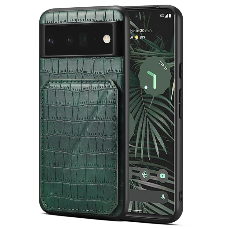 For Google Pixel 6 Pro Denior Crocodile Texture Holder Electroplating Phone Case(Green) by Denior