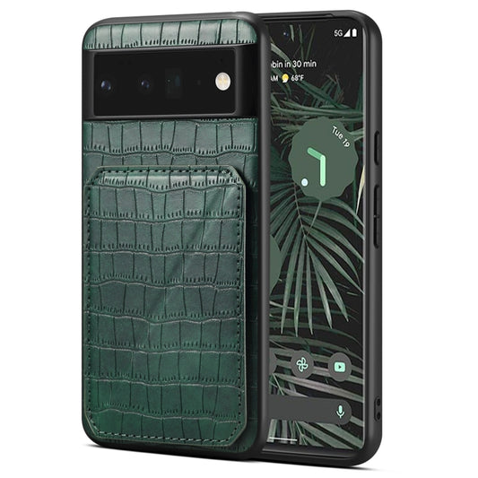 For Google Pixel 6 Pro Denior Crocodile Texture Holder Electroplating Phone Case(Green) by Denior