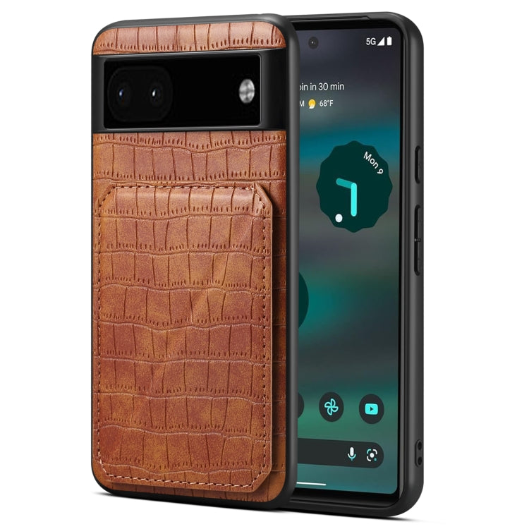 For Google Pixel 6a Denior Crocodile Texture Holder Electroplating Phone Case(Brown) by Denior