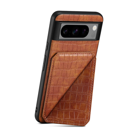 For Google Pixel 6a Denior Crocodile Texture Holder Electroplating Phone Case(Brown) by Denior