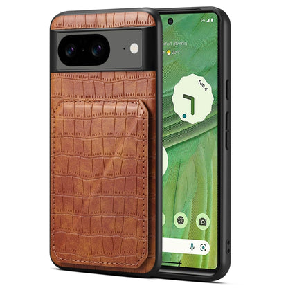 For Google Pixel 7 Denior Crocodile Texture Holder Electroplating Phone Case(Brown) by Denior