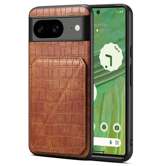 For Google Pixel 7 Denior Crocodile Texture Holder Electroplating Phone Case(Brown) by Denior