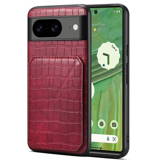 For Google Pixel 7 Denior Crocodile Texture Holder Electroplating Phone Case(Red) by Denior