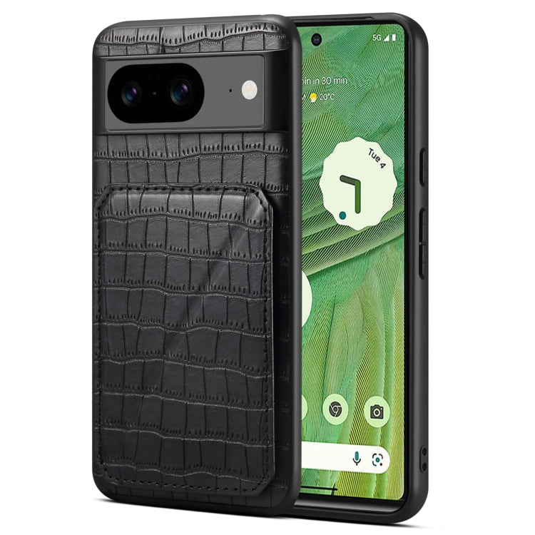 For Google Pixel 7 Denior Crocodile Texture Holder Electroplating Phone Case(Black) by Denior