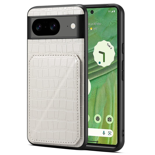 For Google Pixel 7 Denior Crocodile Texture Holder Electroplating Phone Case(White) by Denior