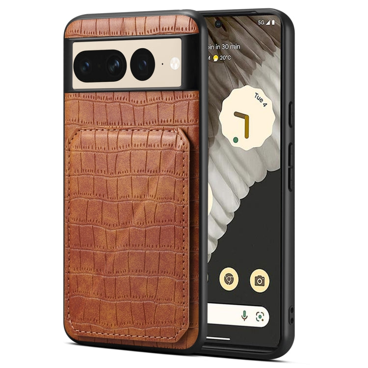 For Google Pixel 7 Pro Denior Crocodile Texture Holder Electroplating Phone Case(Brown) by Denior