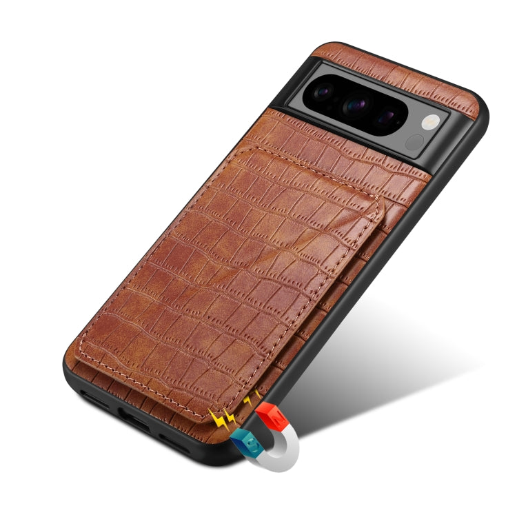 For Google Pixel 7 Pro Denior Crocodile Texture Holder Electroplating Phone Case(Brown) by Denior