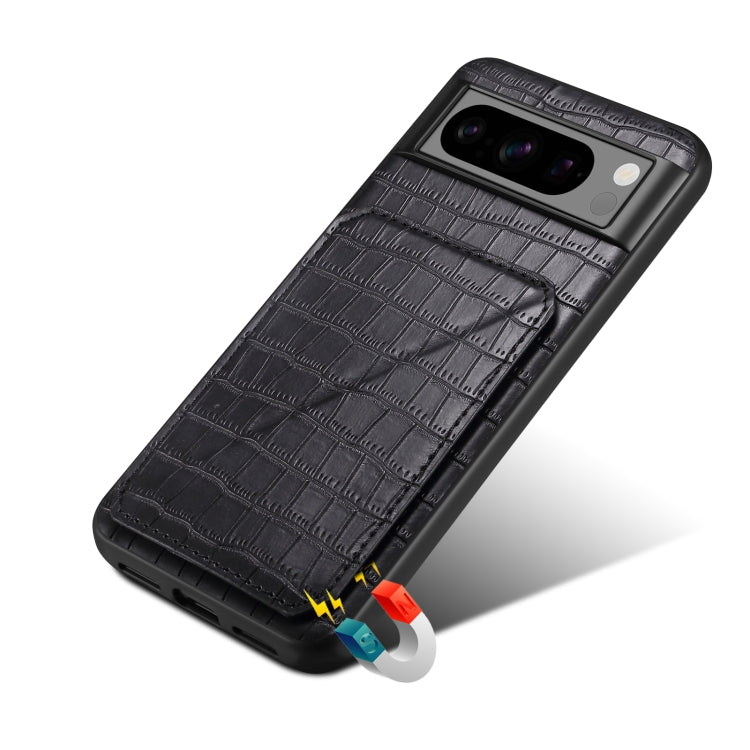 For Google Pixel 7 Pro Denior Crocodile Texture Holder Electroplating Phone Case(Black) by Denior