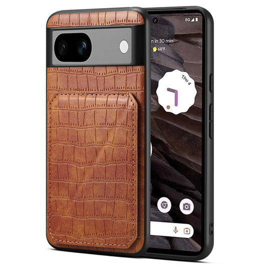 For Google Pixel 7a Denior Crocodile Texture Holder Electroplating Phone Case(Brown) by Denior