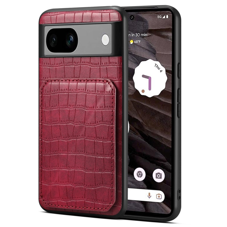 For Google Pixel 7a Denior Crocodile Texture Holder Electroplating Phone Case(Red) by Denior
