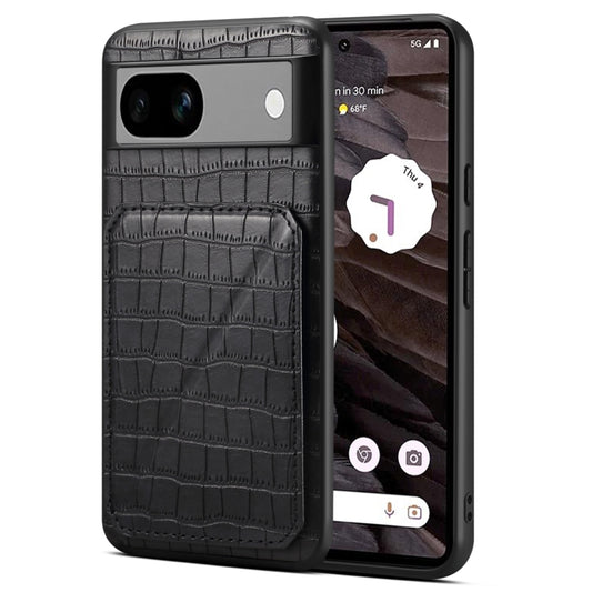 For Google Pixel 7a Denior Crocodile Texture Holder Electroplating Phone Case(Black) by Denior