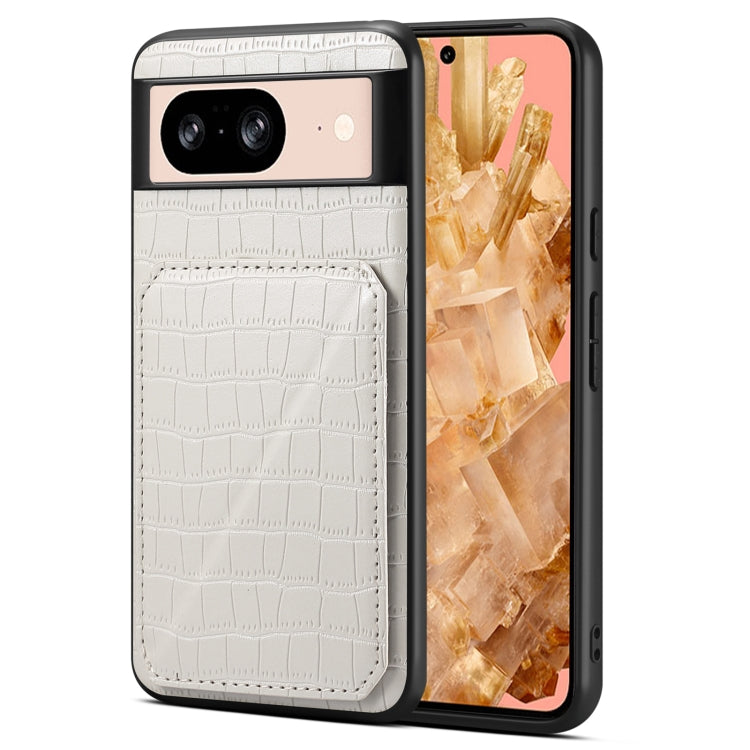 For Google Pixel 8 Denior Crocodile Texture Holder Electroplating Phone Case(White) by Denior