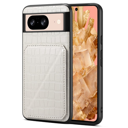 For Google Pixel 8 Denior Crocodile Texture Holder Electroplating Phone Case(White) by Denior