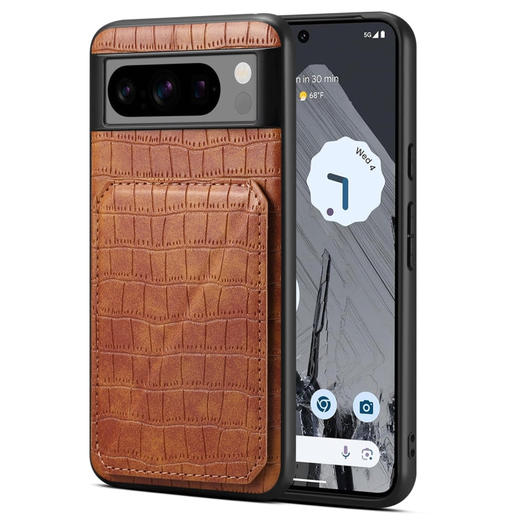 For Google Pixel 8 Pro Denior Crocodile Texture Holder Electroplating Phone Case(Brown) by Denior